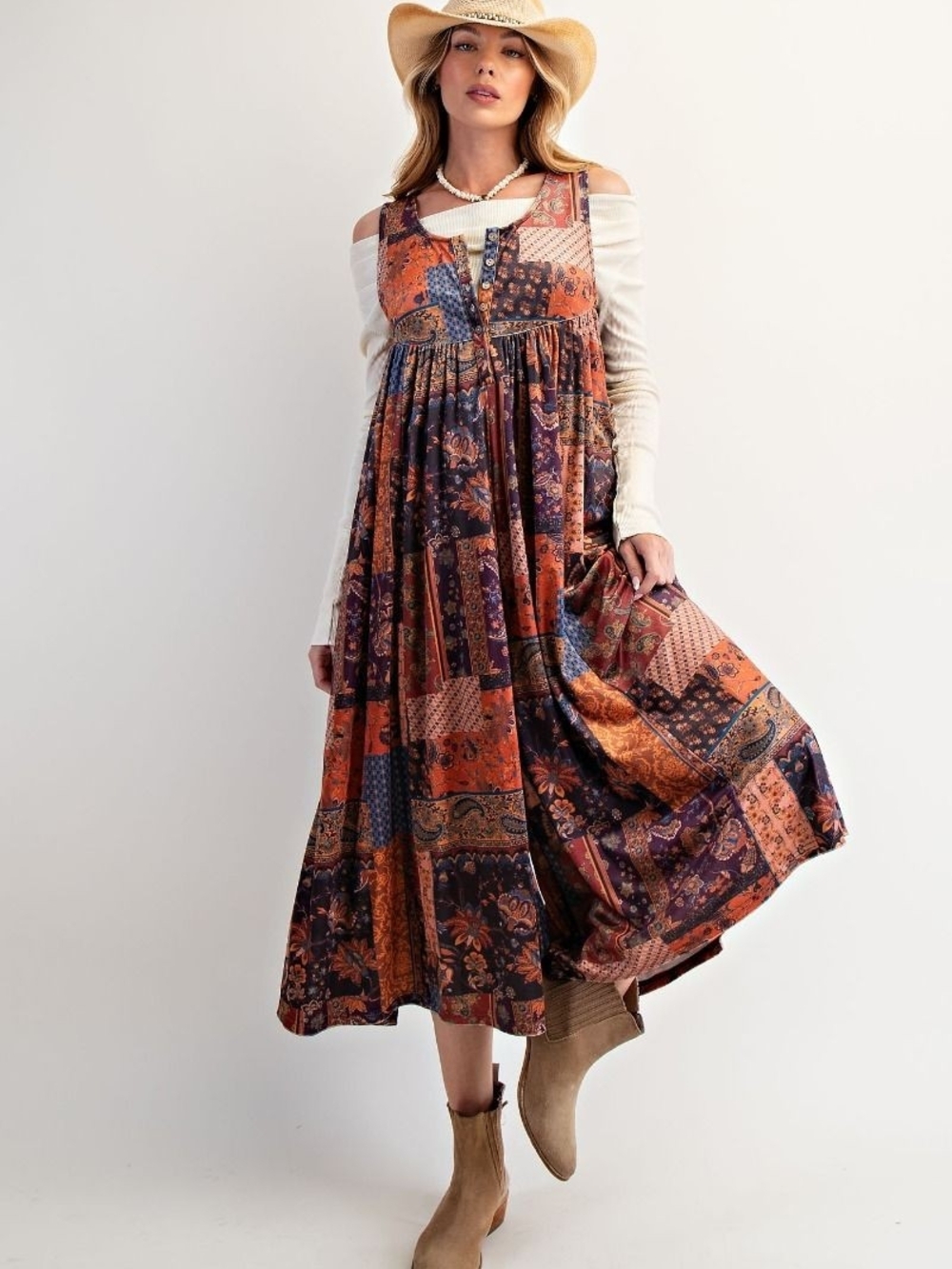 1-0920 Easel Velvet Patchwork Jumpsuit  in Deep Orange Fall Colors